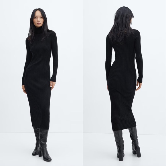 MANGO NWT Black Fine Ribbed Knit Long Sleeve Turtleneck Maxi Sweater Dress XS/ 2 - Picture 4 of 11